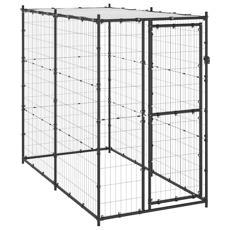 vidaXL Outdoor Dog Pen Pet Crate Kennel Cage Playpen House for Yard Steel - 43.3" x 86.6" x 70.9" with Roof - Black and silver