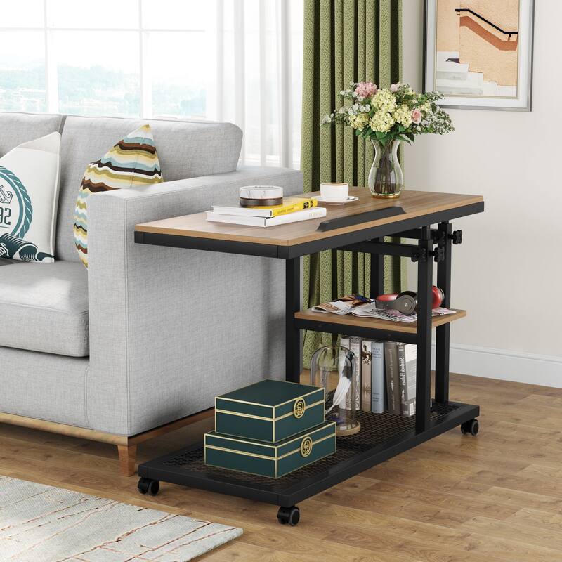 Height Adjustable C Table with Wheels, Laptop Table for Sofa Couch Bedside