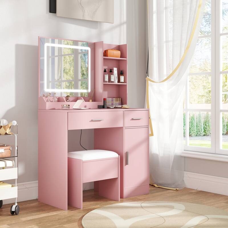 2-Piece Vanity Set with Upholstered Stool, Makeup Vanity Desk with LED Light Mirror and Charging Station