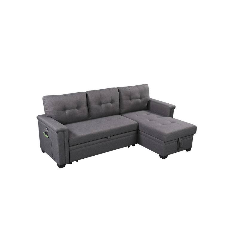84" Dark Gray Reversible Sleeper Sofa with Storage, USB Ports, Pocket, Linen