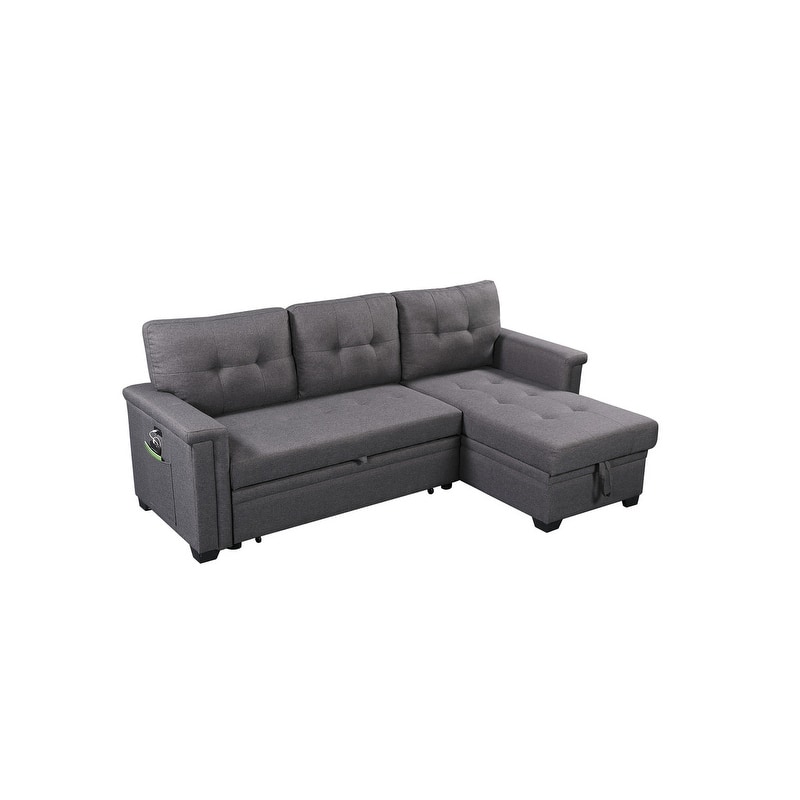 Ashlyn 84-inch Dark Gray Reversible Sleeper Sectional Sofa with Storage Chaise and USB Charging Ports - 84"W x 54"D x 35"H