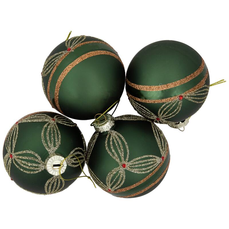 Holly Berry Christmas Glass Ball Ornaments - 3" - Green and Gold - 4ct