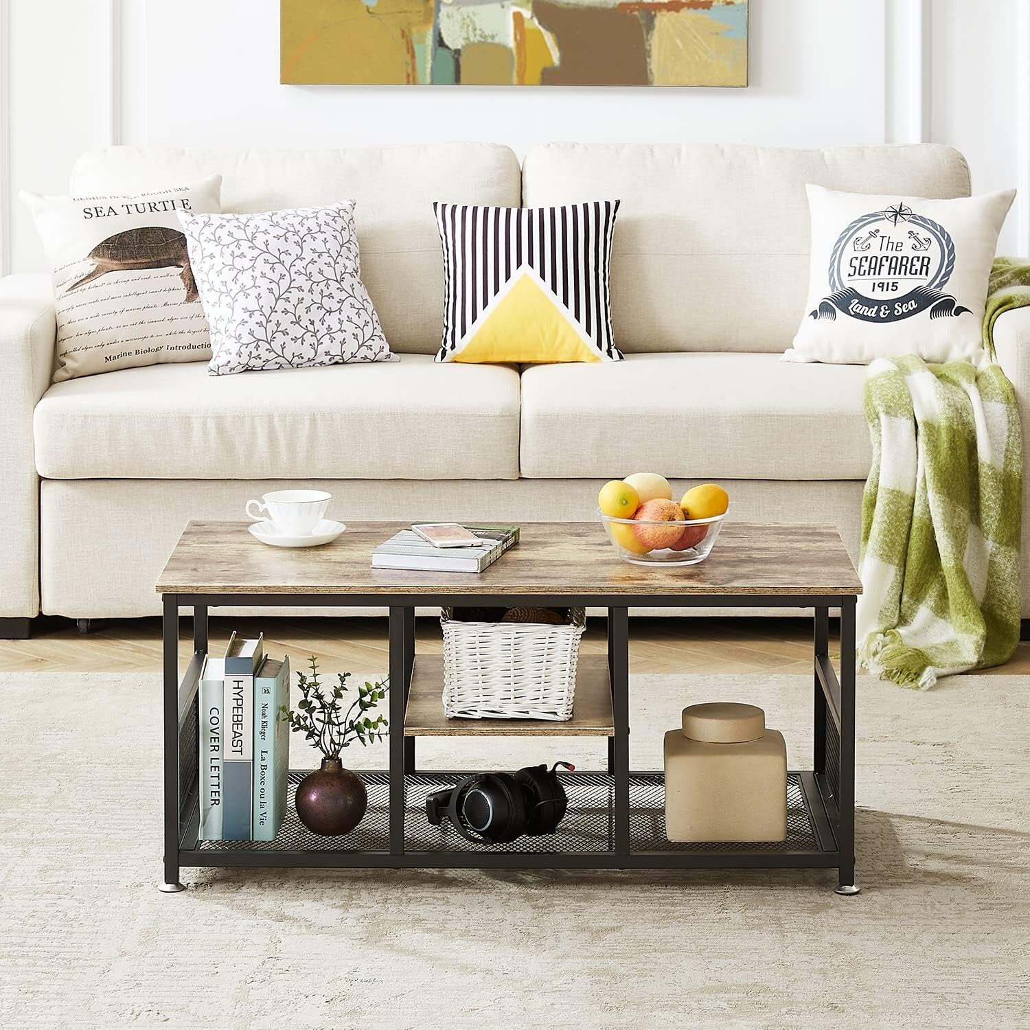 Industrial Rectangle Wood Coffee Table with Storage Shelf, Metal