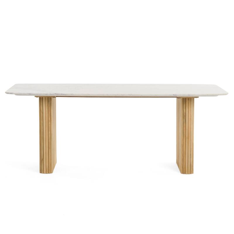 Cid Jolie Dining Table, Fluted Brown Wood, 79 Inch Carrara Marble Top - Brown, White