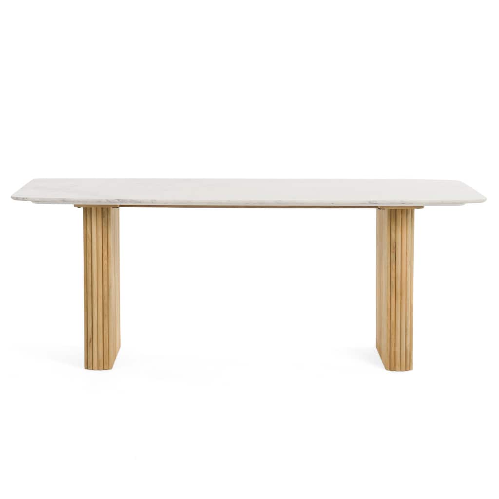Cid Jolie Dining Table, Fluted Brown Wood, 79 Inch Carrara Marble Top - Brown, White