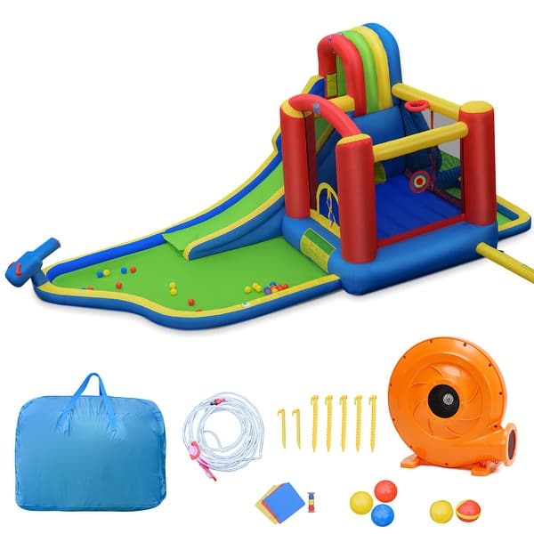 slide 2 of 10, Gymax Inflatable Bounce House Slide Splash Pool Climbing Wall Park w/ - See Details Green, Blue, Red, Yellow - See Details - 5-7 Years