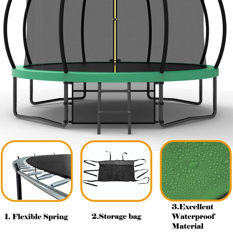 12FT Recreational Kids Trampoline with Safety Enclosure Net Ladder, Outdoor Recreational Trampolines