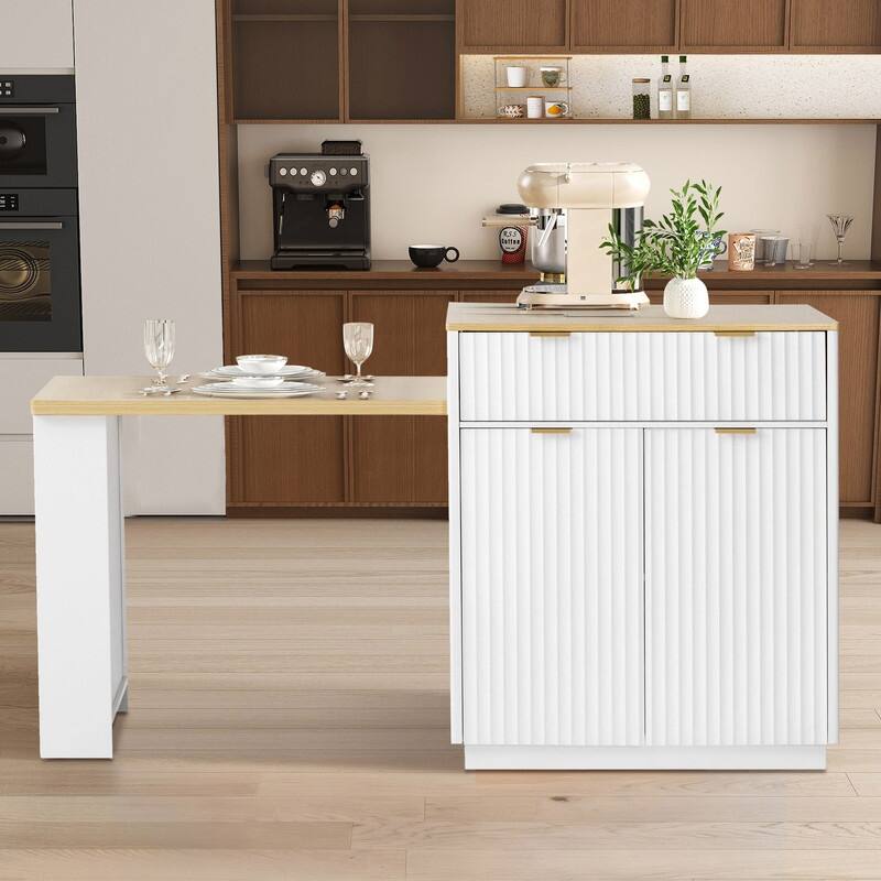 82.6" Fluted Kitchen Island with Extendable Dining Table and Power Outlet for Modern Kitchen Spaces - White