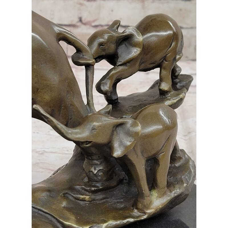 Mother Elephant And Baby Calf Bronze Statue Sculpture Original Art On Marble Base