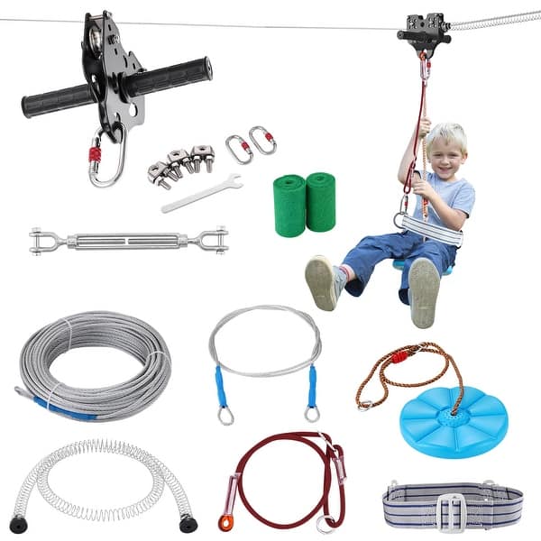 slide 2 of 11, VEVOR Zipline Kit for Kids and Adult Playground Entertainment with Stainless Steel Zipline 100 ft