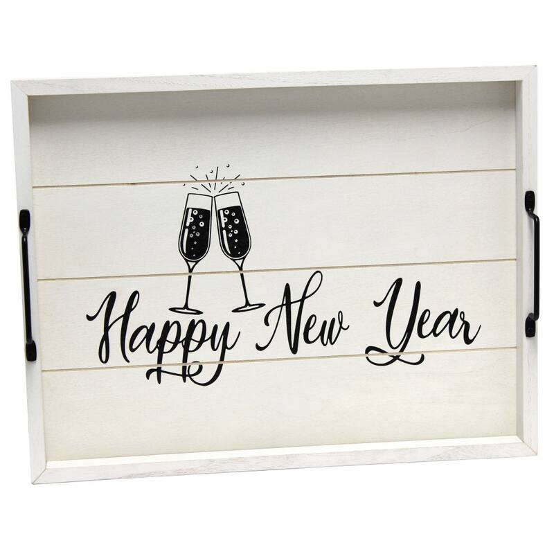 HomeRoots 16" Light Gray And Black Happy New Year Serving Tray With Handles - 15.50 in. x 2.25 in. x 12.00 in.