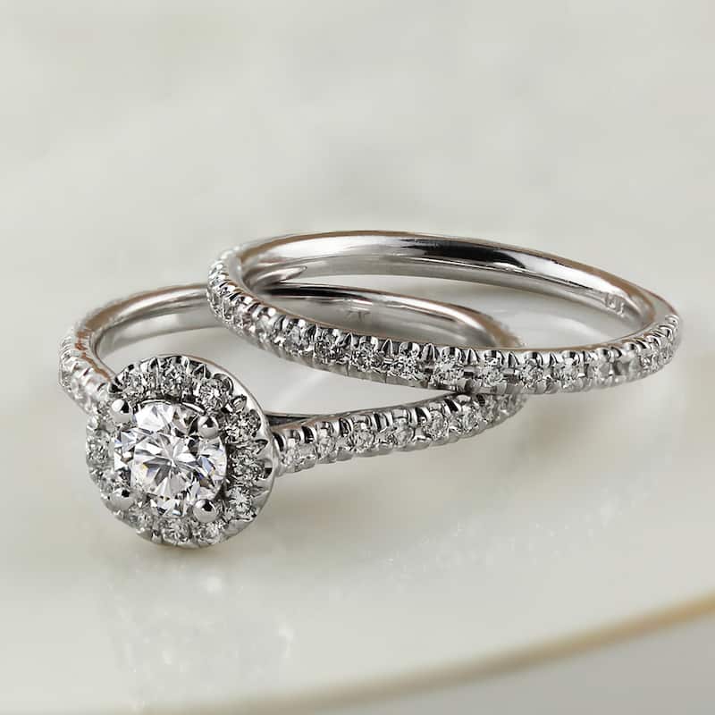 Auriya 14k Gold 1ctw Round Halo Diamond Engagement Ring Set