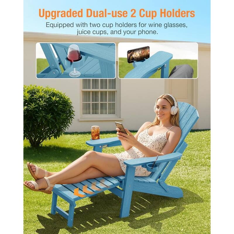 WINSOON Set of 2 HIPS Folding Adirondack Chair with Adjustable Backrest and Retractable Ottoman