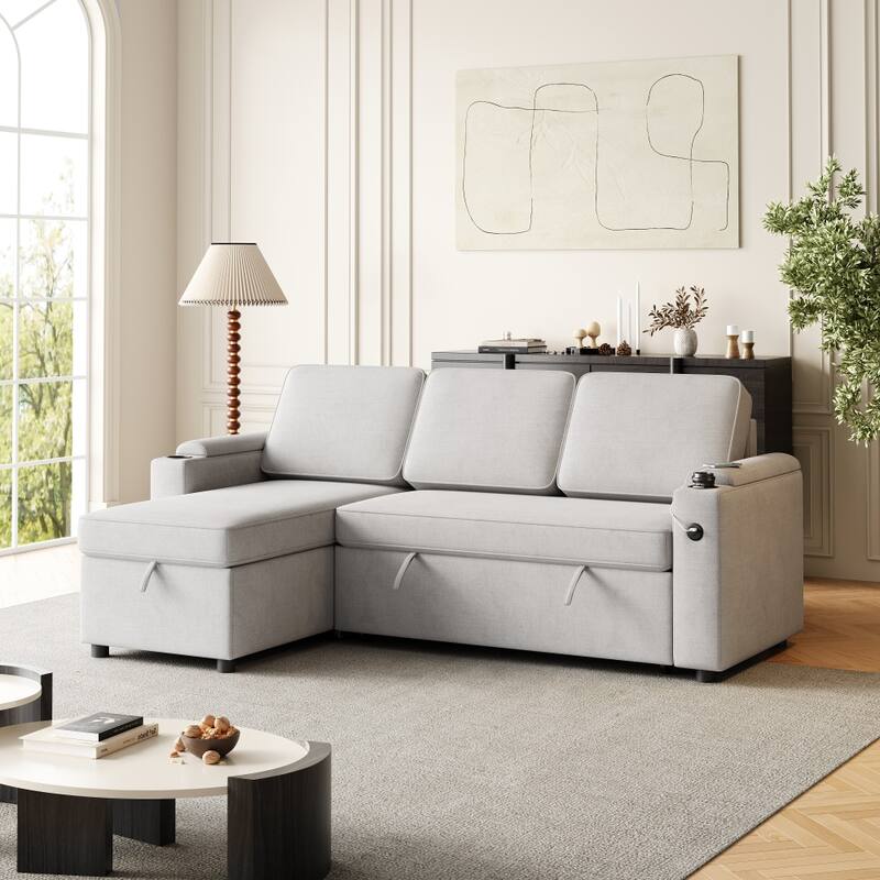 2 in 1 Pull Out Sofa Bed with Storage and Charging Port - Light Gray
