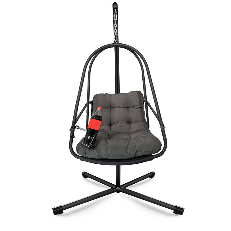 Foldable Swing Egg Chairs Rattan Hanging Basket Chair with Cushions and Cup Holder Patio Hammock Chairs Lounge Chair with Stand