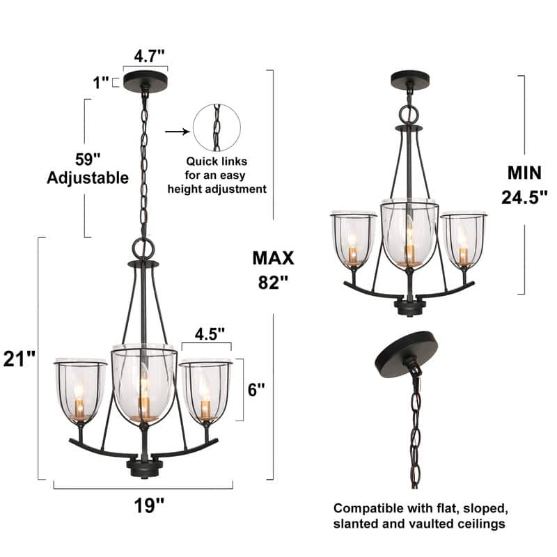Modern Farmhouse 3-Light Glass Chandelier Black Metal Frame Entryway Hanging Lights - D19" x H82"
