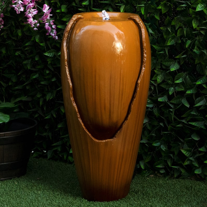Alpine Corporation 33" Tall Turquoise Outdoor Antique Jar Water Fountain with LED Lights