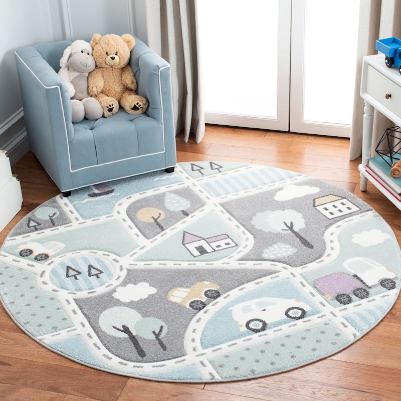 SAFAVIEH Carousel Kids Lumnie Neighborhood Rug - 3' Round - Grey/Light Blue