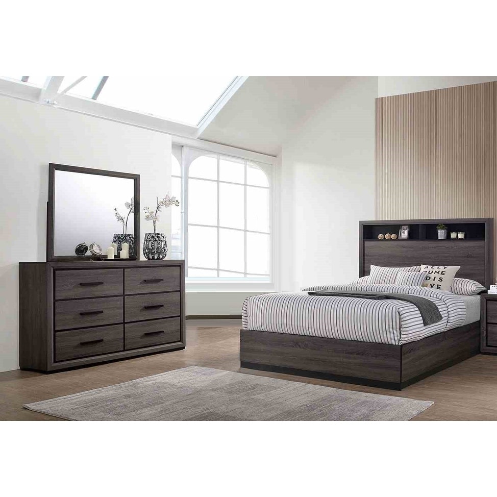 Gray Finish Classic 3pc Bedroom Furniture Set w Bookcase Headboard