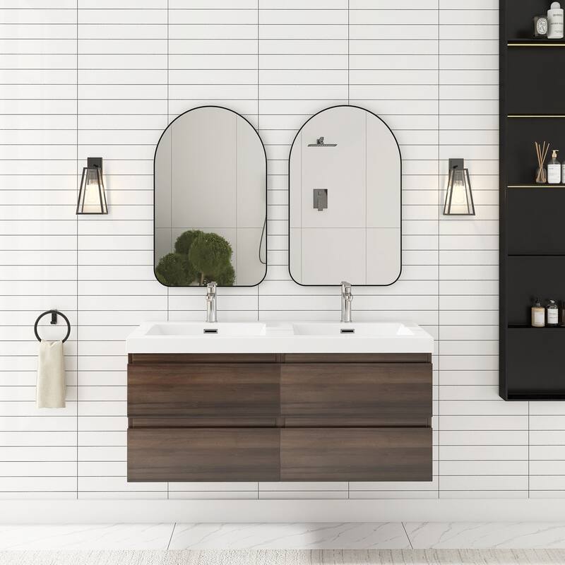 MDF Wall-Mounted Bathroom Vanity Set in Grey Oak with Integrated Culture Marble Sink
