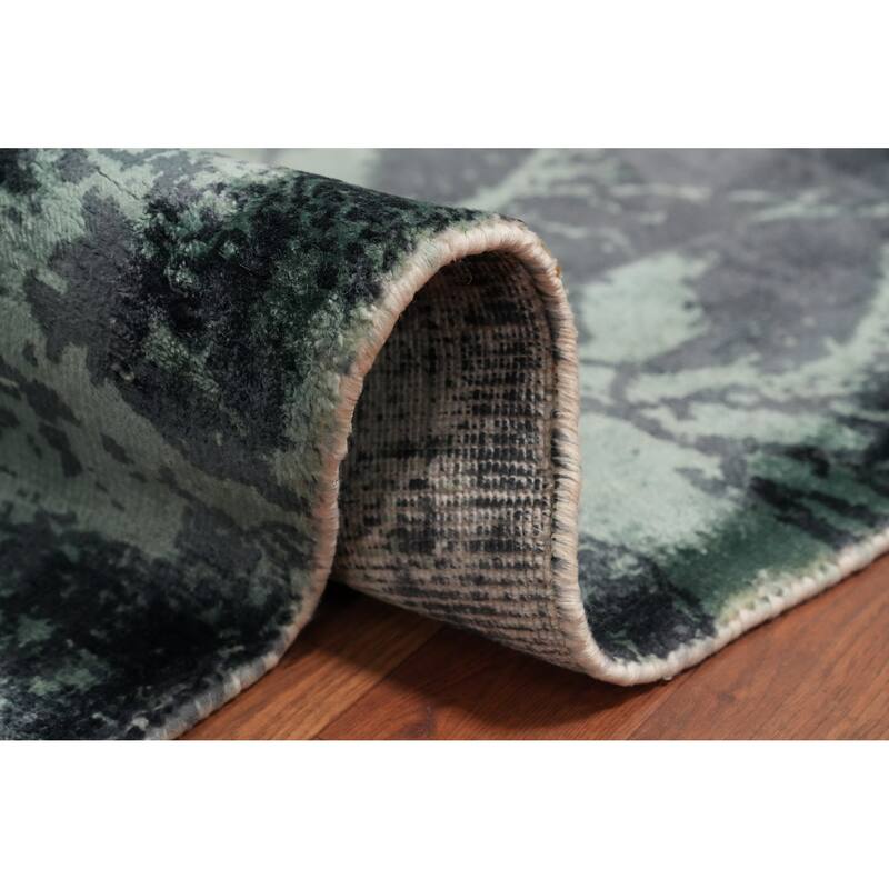 Hand Knotted Oriental Viscose Silk Carpet Modern Pictorial Green Abstract Area Rug - 7' 10'' X 5' 9''