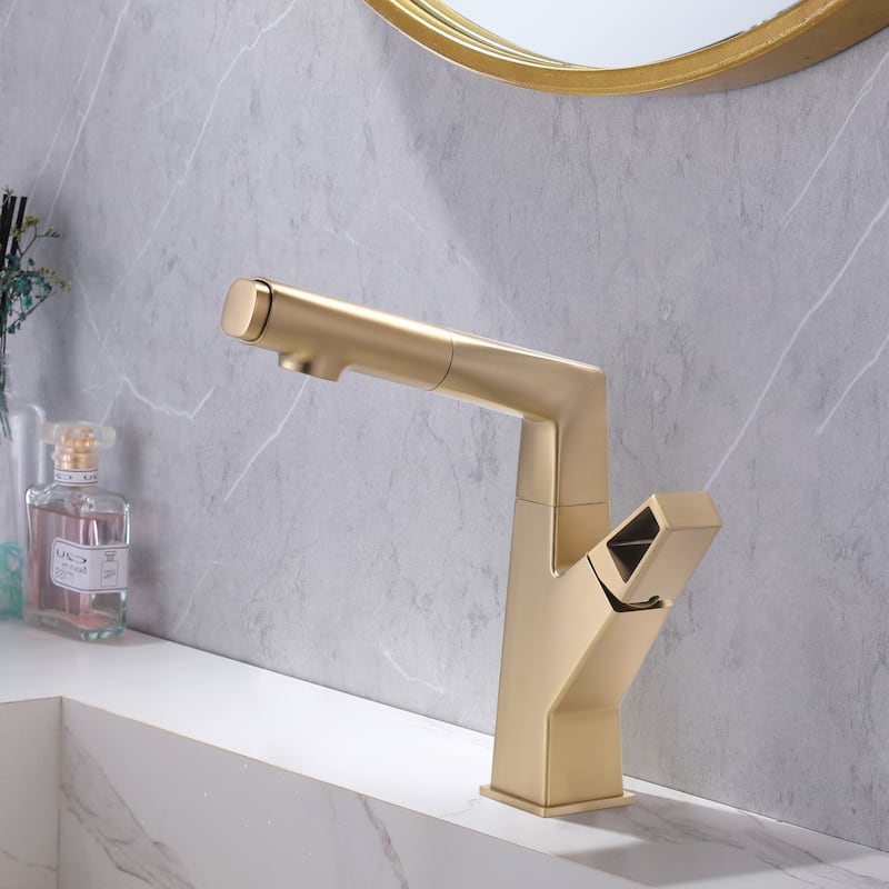 3-Way Swivel Bathroom Sink Pull Out Faucet Single Hole with Hand Spray in Black / Gold - Brushed Gold