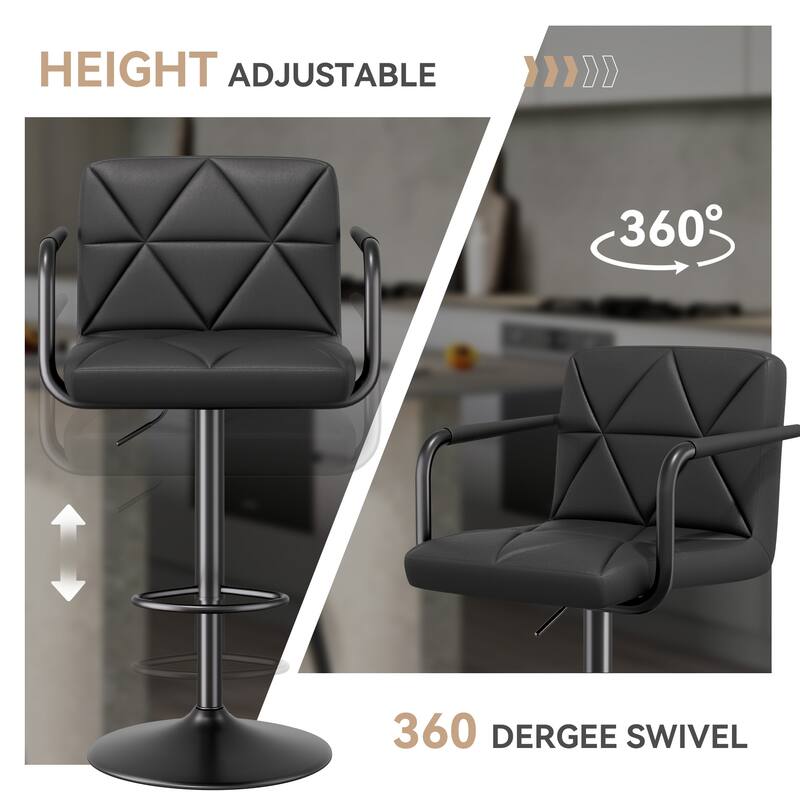 Modern Bar Stools Set of 2 Upholstered Faux Leather Barstools with Back and Arms Height Adjustable Bar Chairs