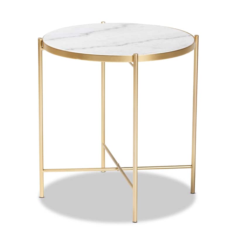 Maddock Contemporary Gold Metal End Table with Real Marble Tabletop - Marble White, Gold