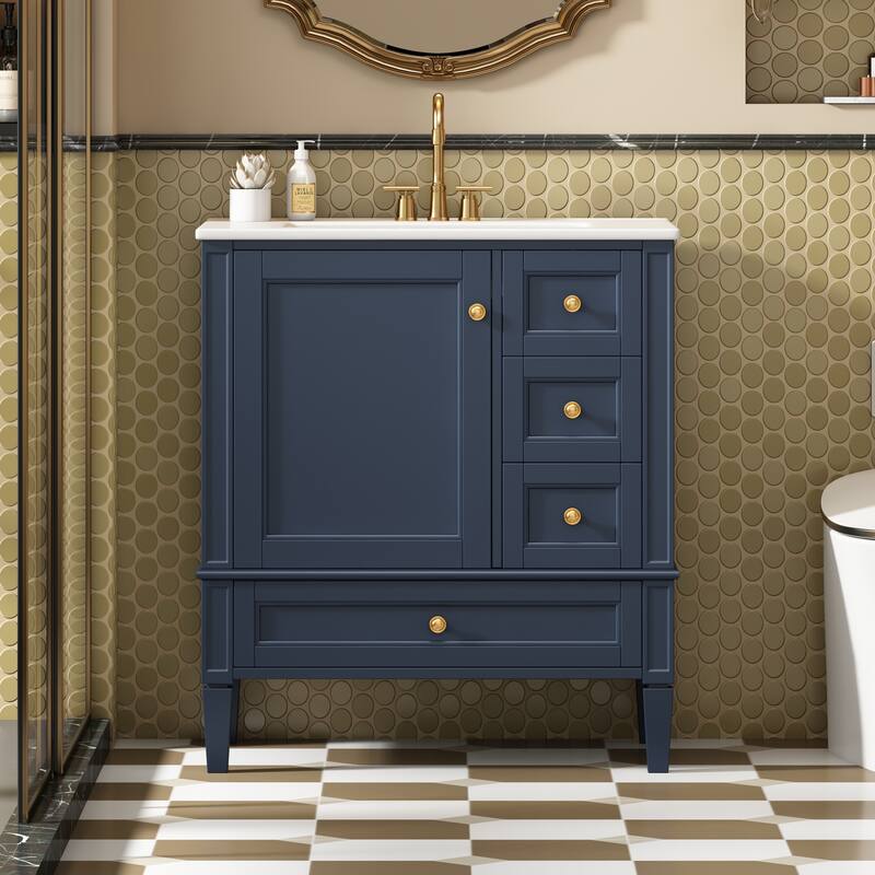30" Bathroom Vanity with Ceramic Sink - Solid Wood Frame with 3 Drawers, Modern Bathroom Storage Cabinet