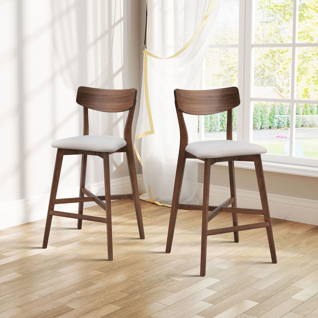 Wooden Bar Chairs Set of 2, Upholstered Kitchen Island Chairs with Footrest, Counter Height Bar Stools with Backrest