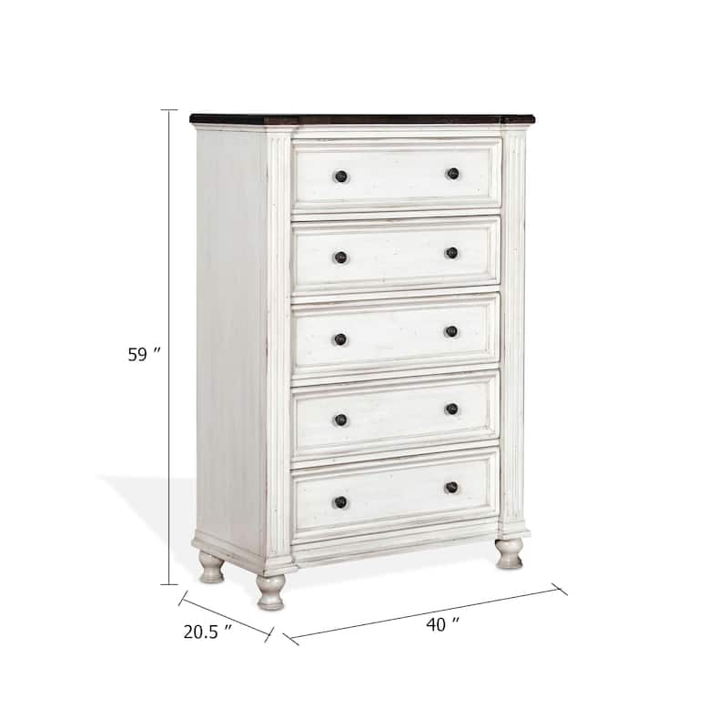 Orso Tall Dresser Chest, 5 Drawers, Panel Detailed White Mahogany Wood