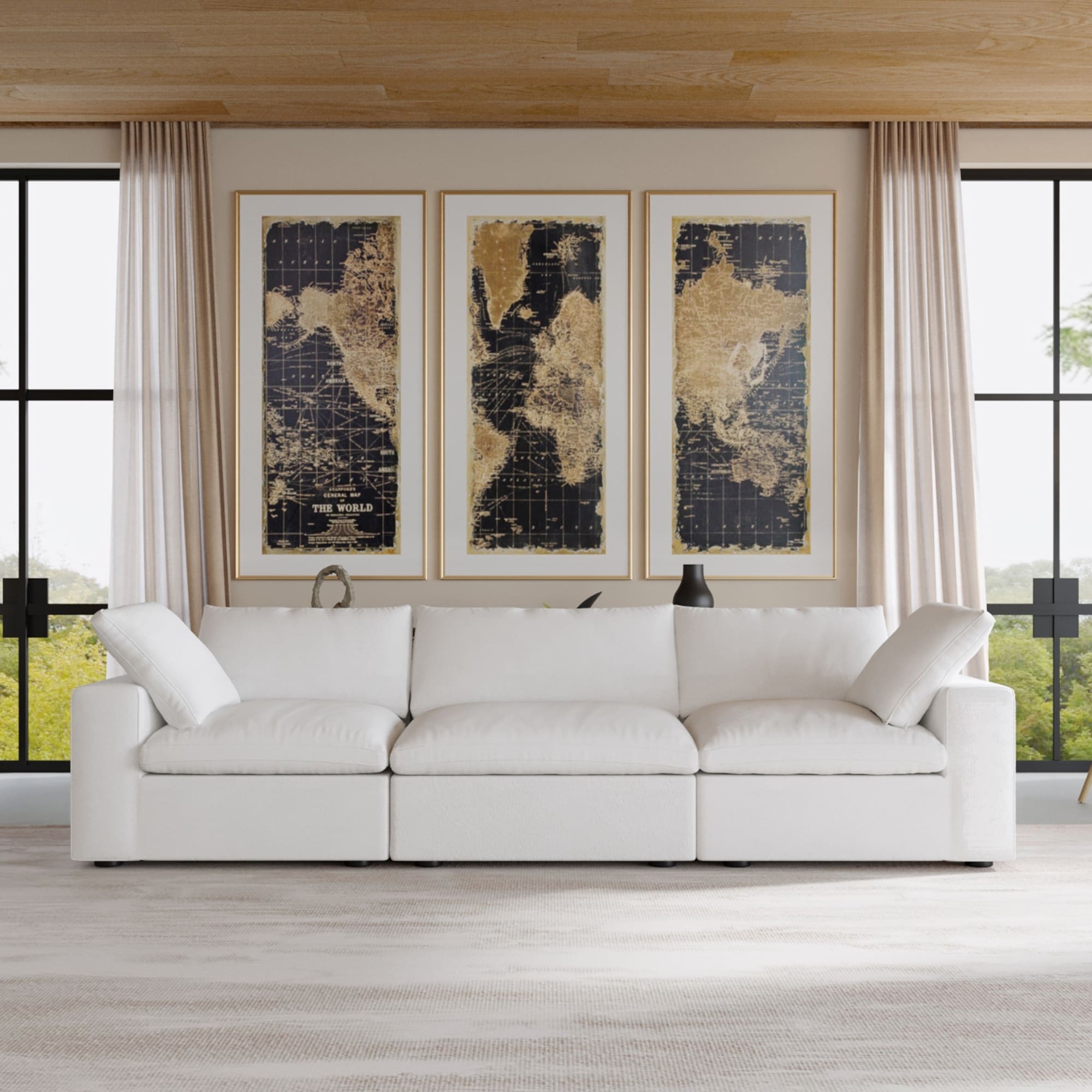3 Piece Linen Fabric Sofa Set With Ottoman - L-Shaped 3 Seater + Loveseat + Accent Chair For Living Room, Beige