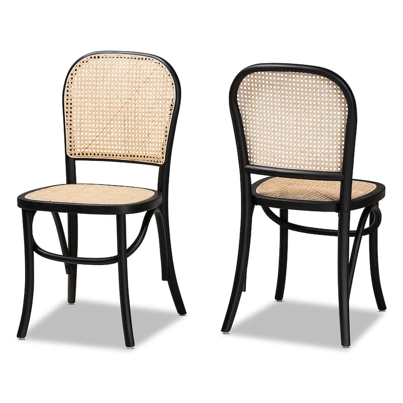 Cambree Mid-Century Modern Woven Rattan and Wood Dining Chair Set(2PC) - Beige, Black