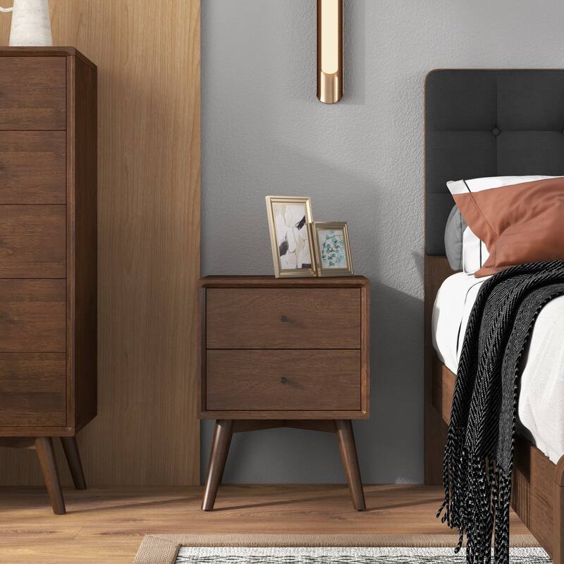 GDFStudio - Caroline Modern 2-Drawer Solid Wood Nightstand with Walnut Finish for Bedroom or Living Room