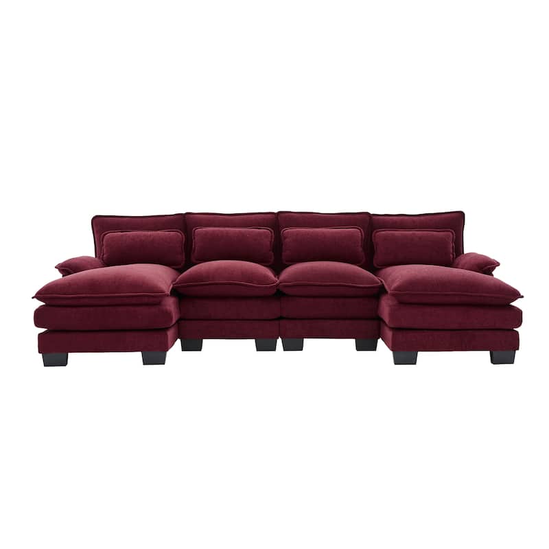 Symmetrical Chenille Upholstered Sectional Sofa U-shaped Cloud Couch with Double Chaise, Side Pockets and Double-layer Cushions