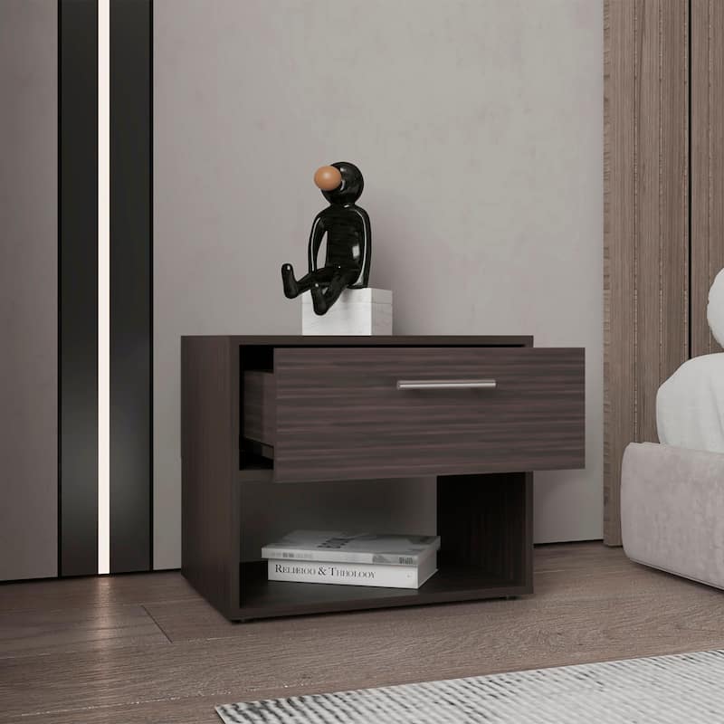 Compact Dark Walnut Nightstand with Drawer and Open Shelf