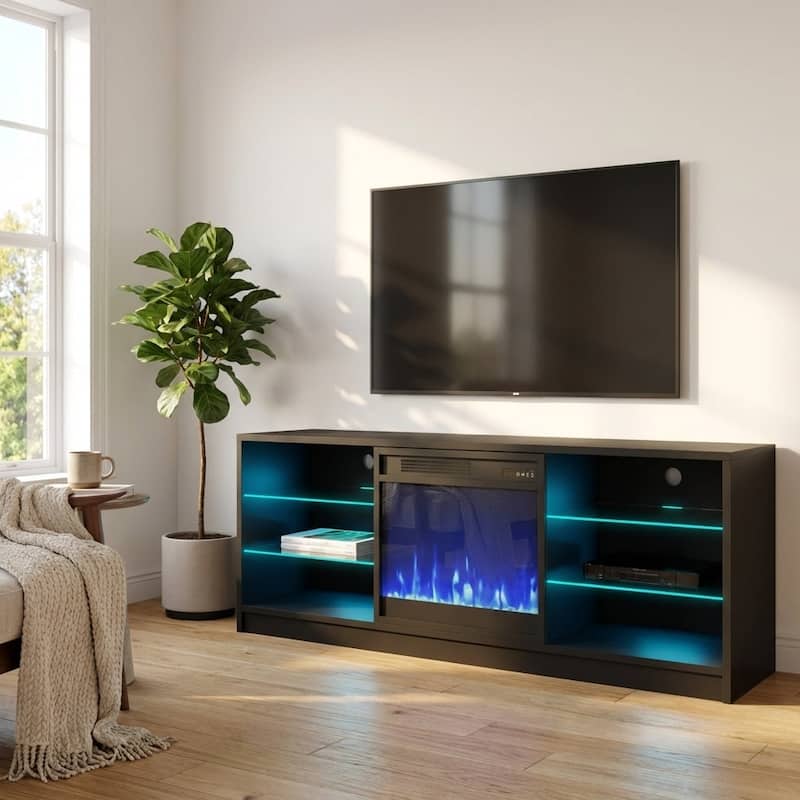 Meble Furniture Manhattan 58" Modern Electric Fireplace TV Stand with Glass Shelves and Remote Control for up to 70" TVs