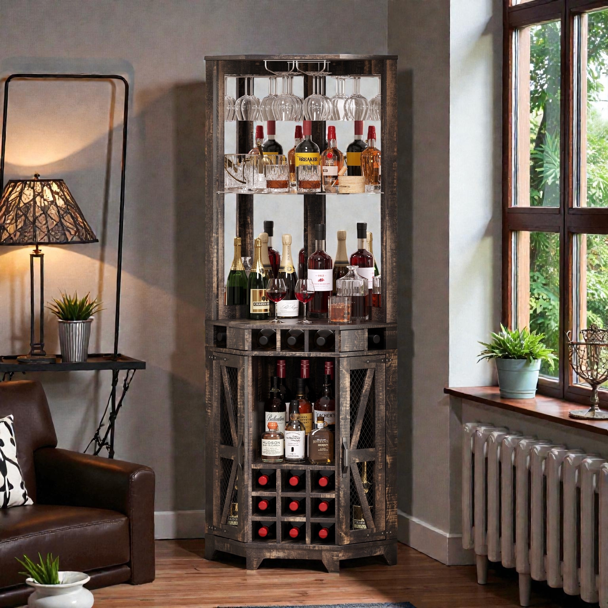 72" Corner Bar Cabinet with Barn Door, Farmhouse Wine Storage Cabinet with Mirror, Glass Rack and Wine Bottle Organizer