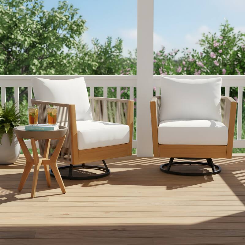 Outdoor Acacia Wood Rope Swivel Lounge Chair with Cushion and Concrete-Acacia Side Table - Set of 2 Chair - Table