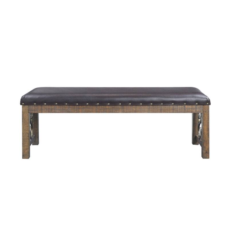 Ral 56 Inch Solid Wood Padded Bench, Metal Scroll Design, Nailhead, Brown