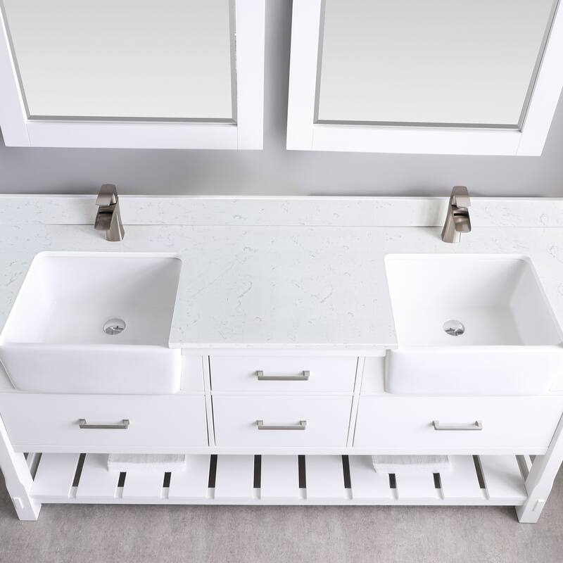 Altair Georgia Double Bathroom Vanity Set and Aosta White Stone Countertop with Farmhouse Basin with Mirror