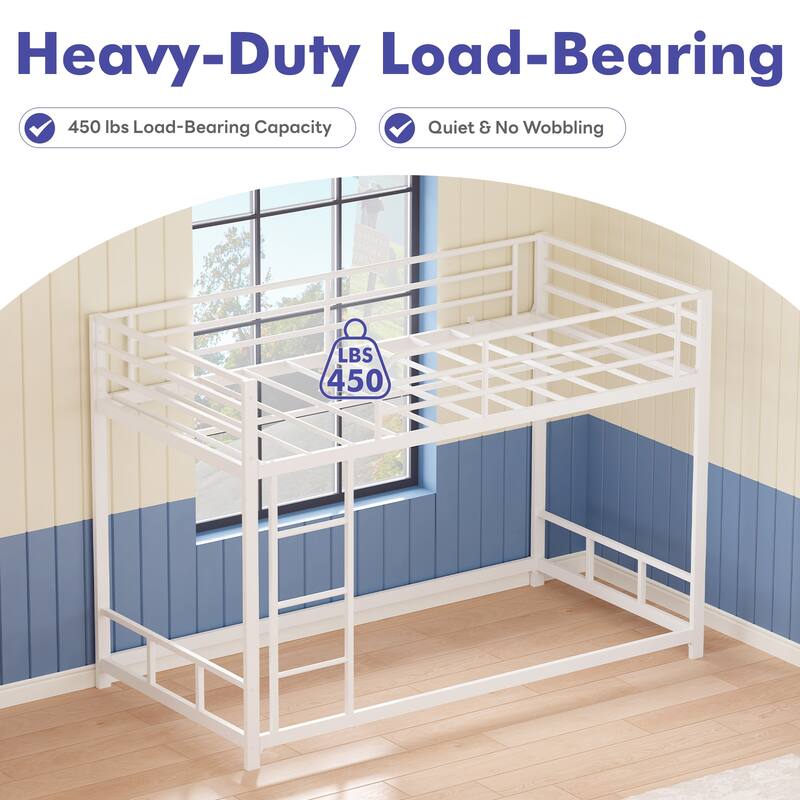 Bunk Bed Twin Over Twin, Heavy Duty Metal Bunk Twin Bed Frames with Safety Guard Rails & Ladder