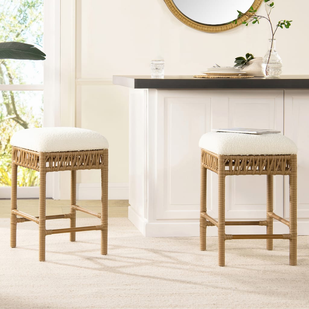 Backless Upholstered Counter Stool with Resin Rattan Frame