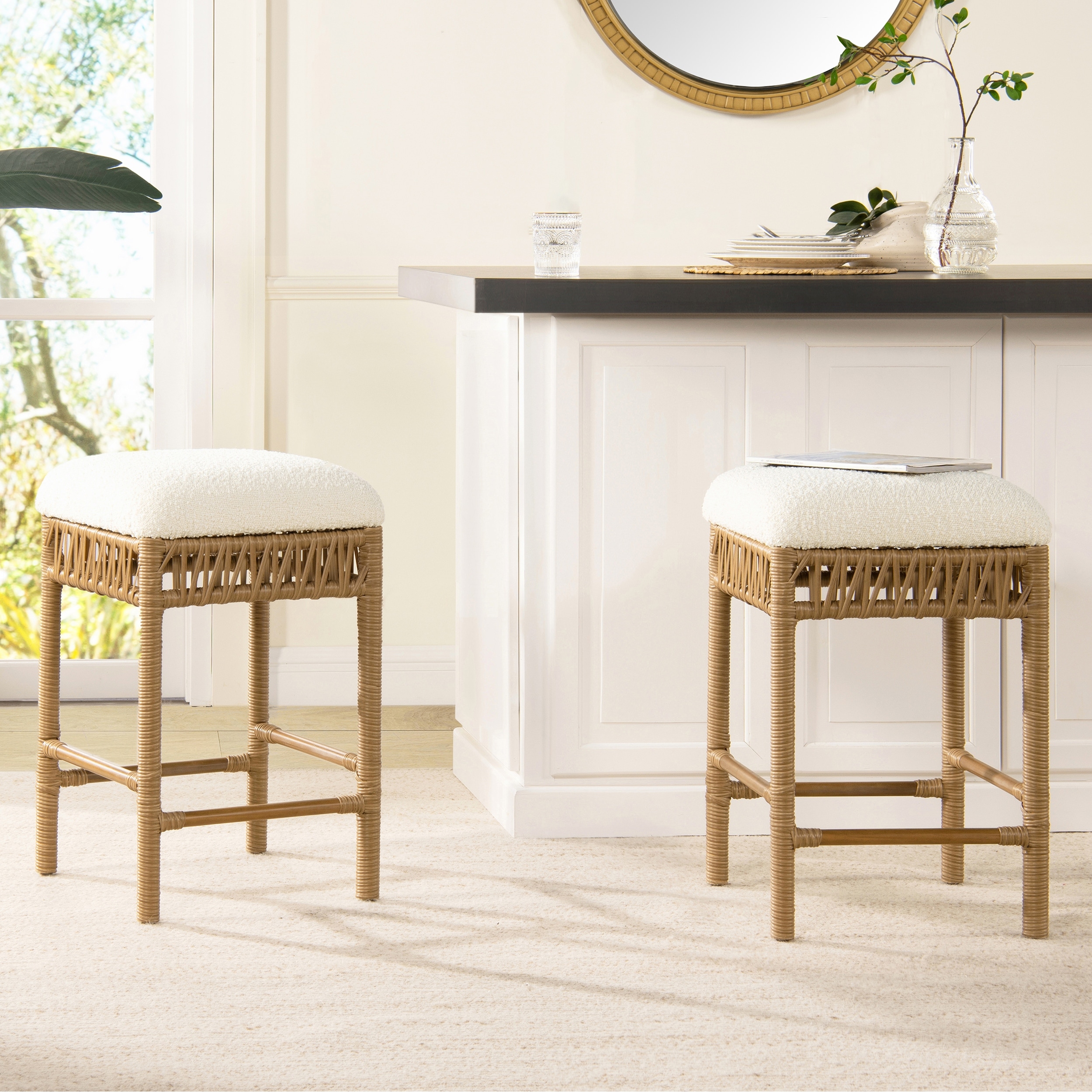 Lucia 25.5" Boucle Wood and Resin Rattan Backless Counter Stool