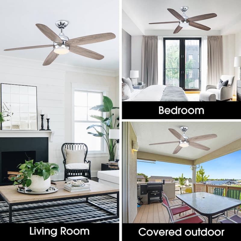 52" Classic Wooden 5-Blade Chrome Ceiling Fan with Light