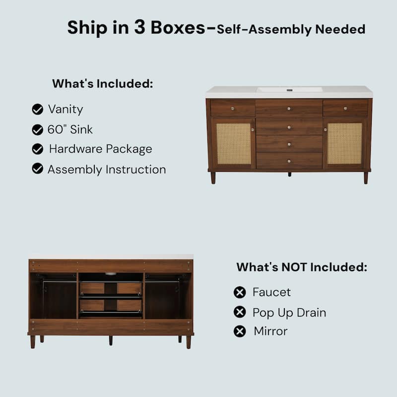 Christopher Knight Home - Emery 60" Bathroom Vanity with SMC Sink, Natural Finish for Modern Large Storage Cabinet