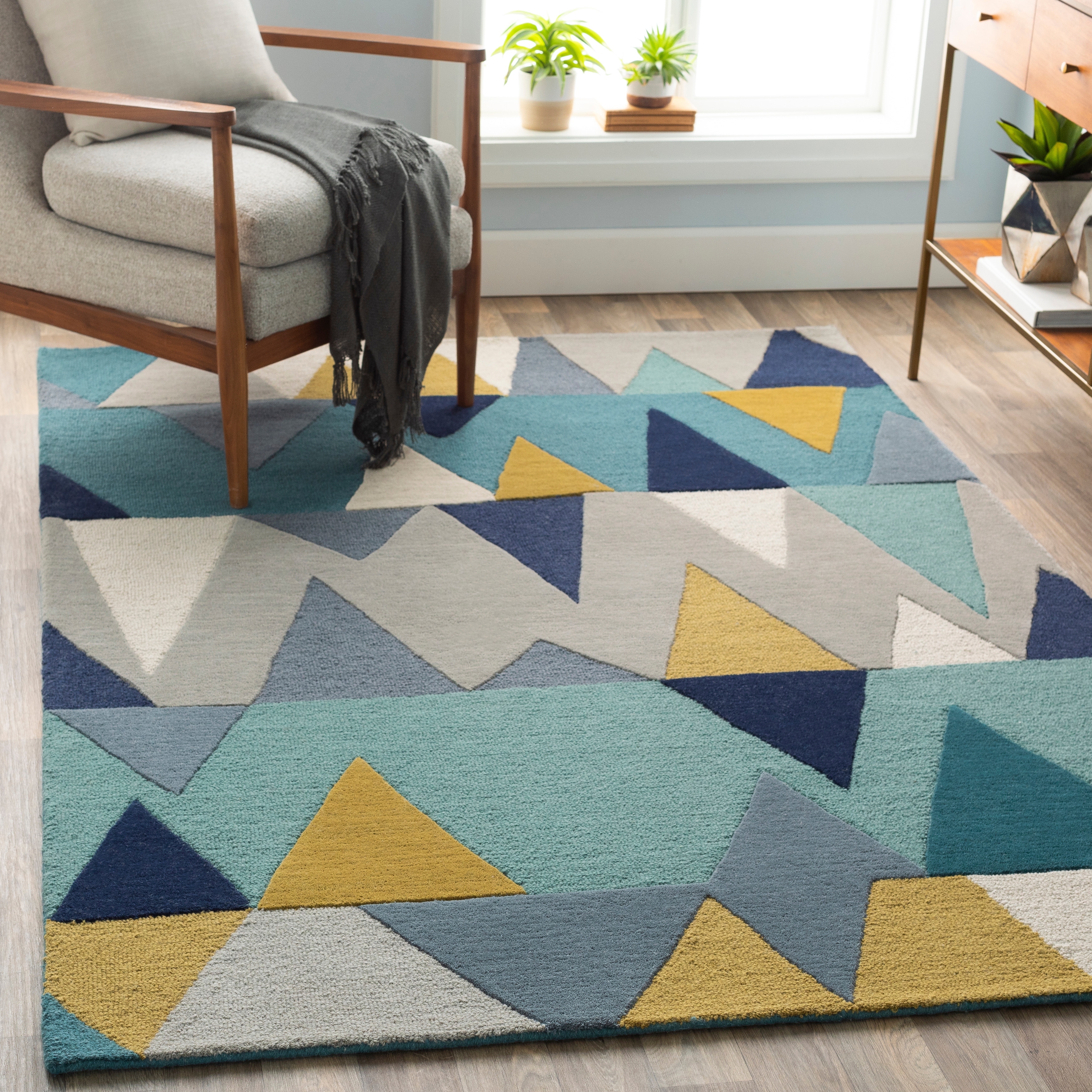 Modern Short Pile Rug Triangle Pattern Green Grey Living Room Bedroom Carpet 
