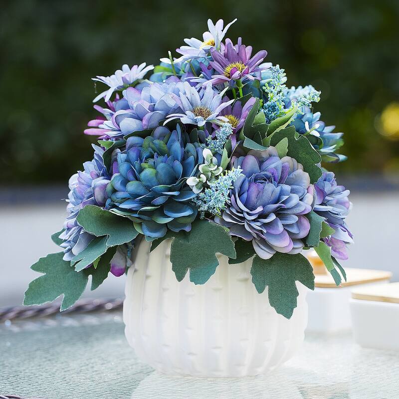 Enova Home Artificial Silk Daisy and Mixed Fake Flowers Arrangement in White Ceramic Pot for Home Garden Decoration