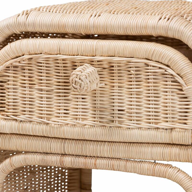 Modern Bohemian Natural Brown Rattan Nightstand with 1 Drawer and Open Shelf, Rustic Handcrafted Design