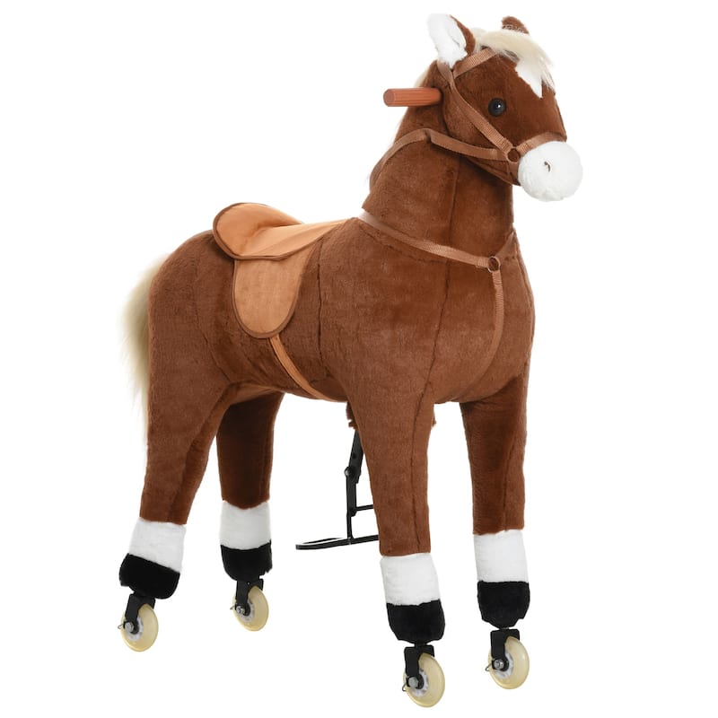 Interactive Large Ride-On Rocking Horse for Kids Aged 5-16, Plush Body with Rolling Wheels